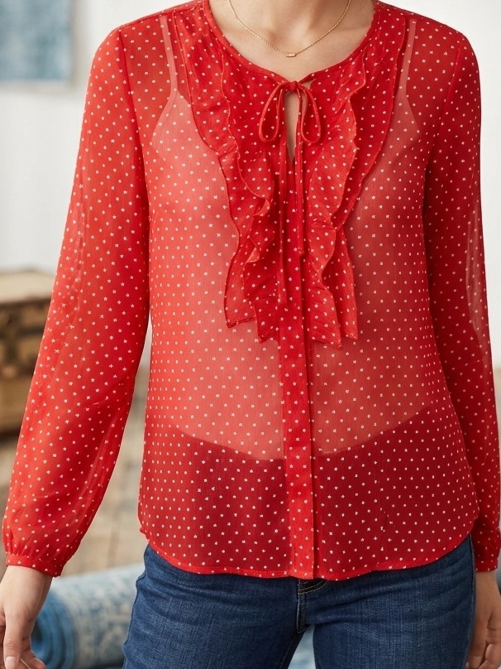 a.n.a Red Polka Dot Ruffle Tie-Neck Blouse